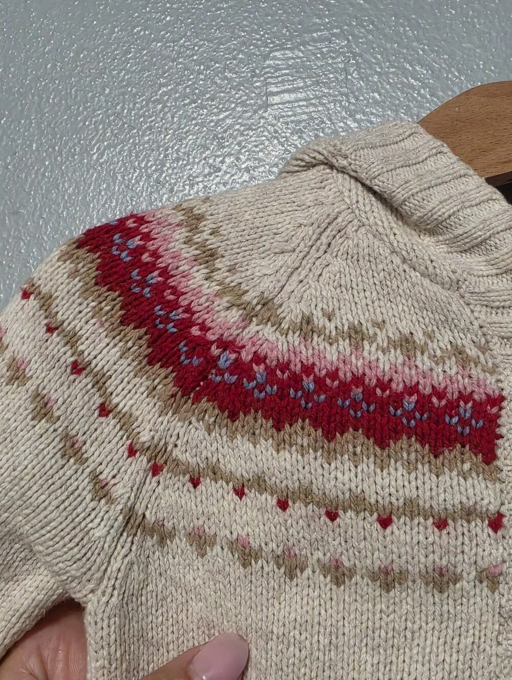 OSHKOSH Hooded Fair Isle Sweater Cardigan Baby 6 Mos Cream Red Wool Blend Y2K